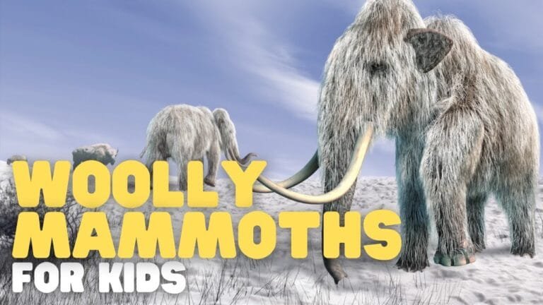 Woolly mammoths in snowy landscape, educational for kids.
