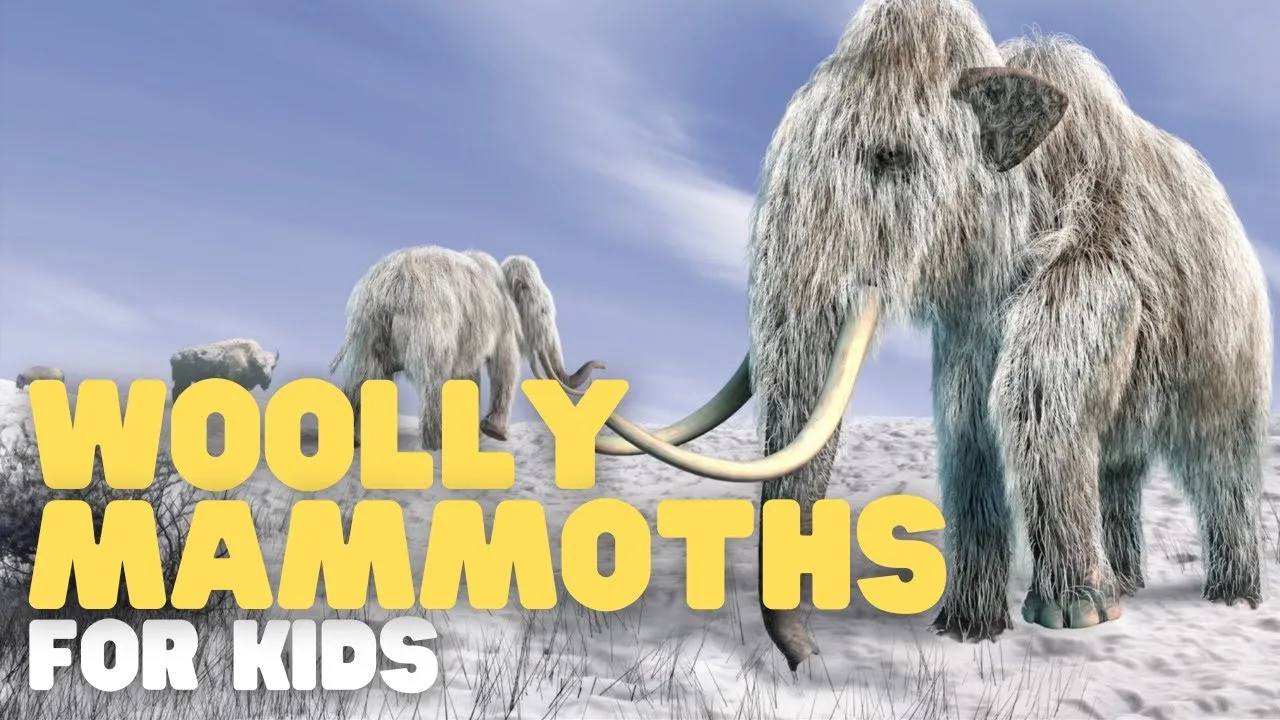 Woolly mammoths in snowy landscape, educational for kids.