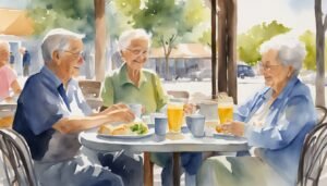 Three seniors enjoying lunch outdoors at a cafe.