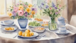 Watercolor breakfast table with flowers and fruit.