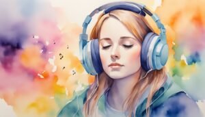 Woman enjoying music with headphones, colorful watercolor background.