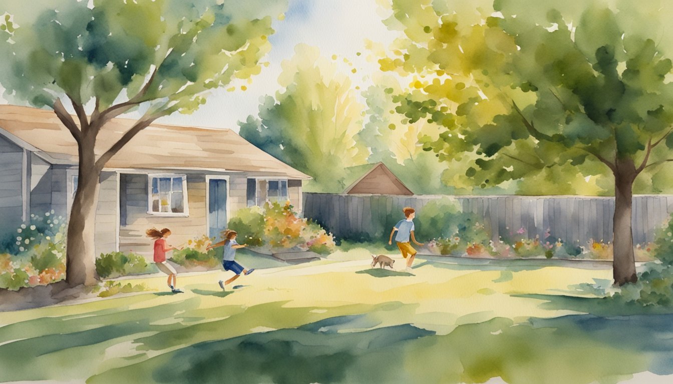 Watercolor of children playing outside suburban home.