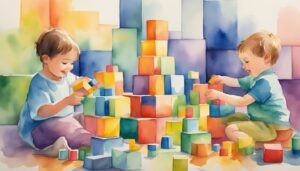 Children playing with colorful blocks in watercolor painting.