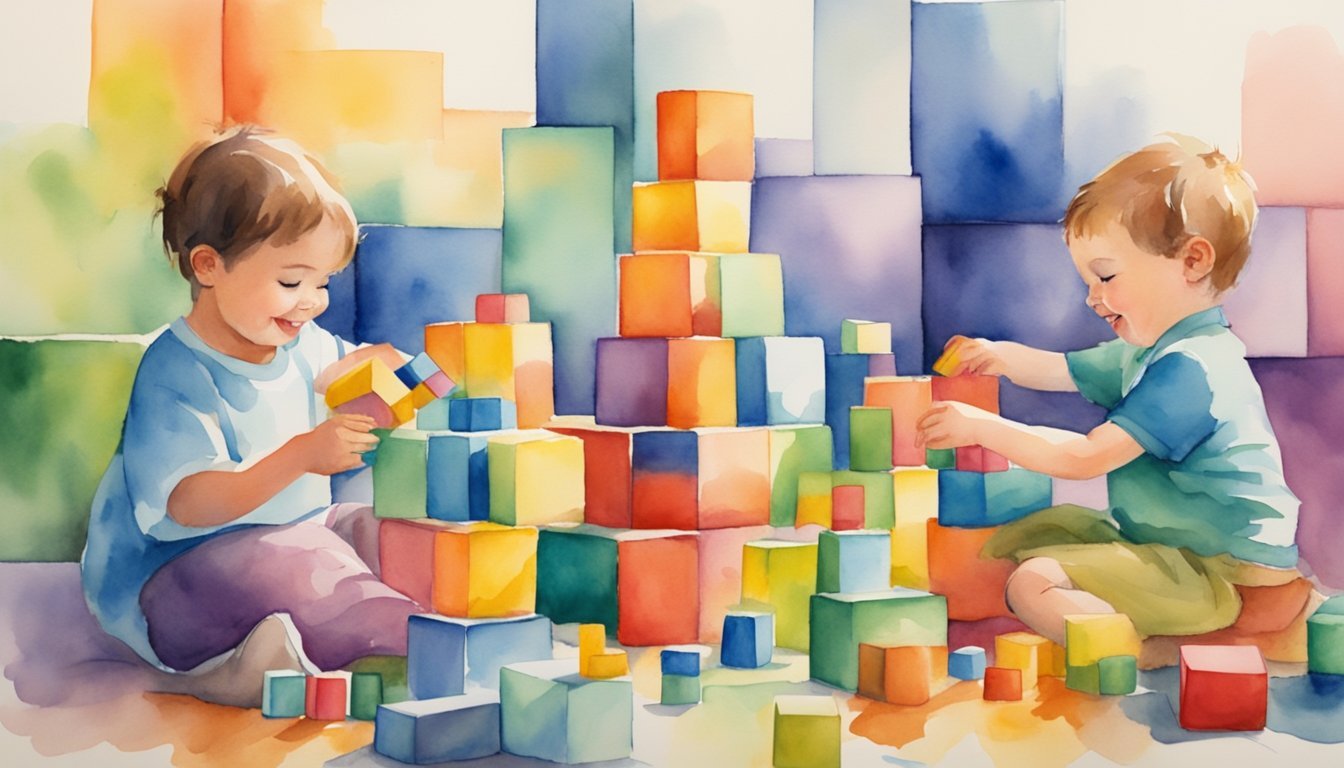 Children playing with colorful blocks in watercolor painting.