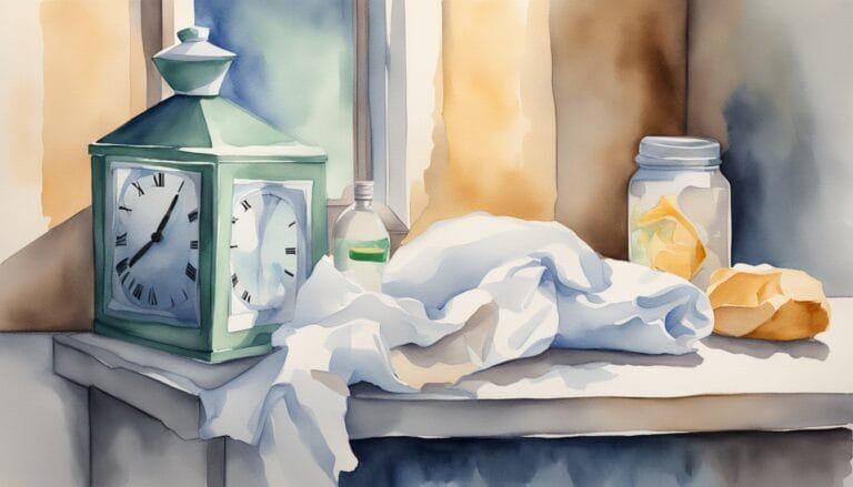 Watercolor still life of clock, lantern, and draped fabric.