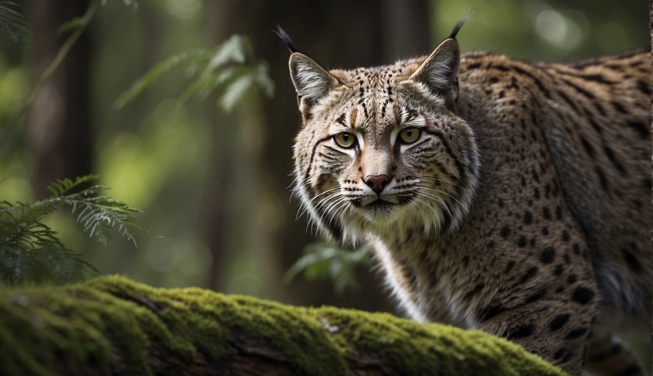 Intense lynx in lush forest, close-up view.