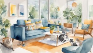 Watercolor painting of cozy living room with four cats.