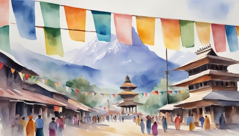 Colorful prayer flags over mountainous Asian temple scene.