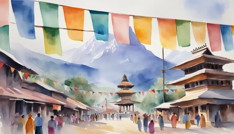 Colorful prayer flags over mountainous Asian temple scene.