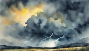 Stormy landscape with lightning and dark clouds over fields.