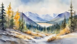 Watercolor painting of autumn forest and distant mountains.