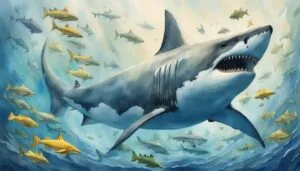 Large shark and school of fish underwater painting.