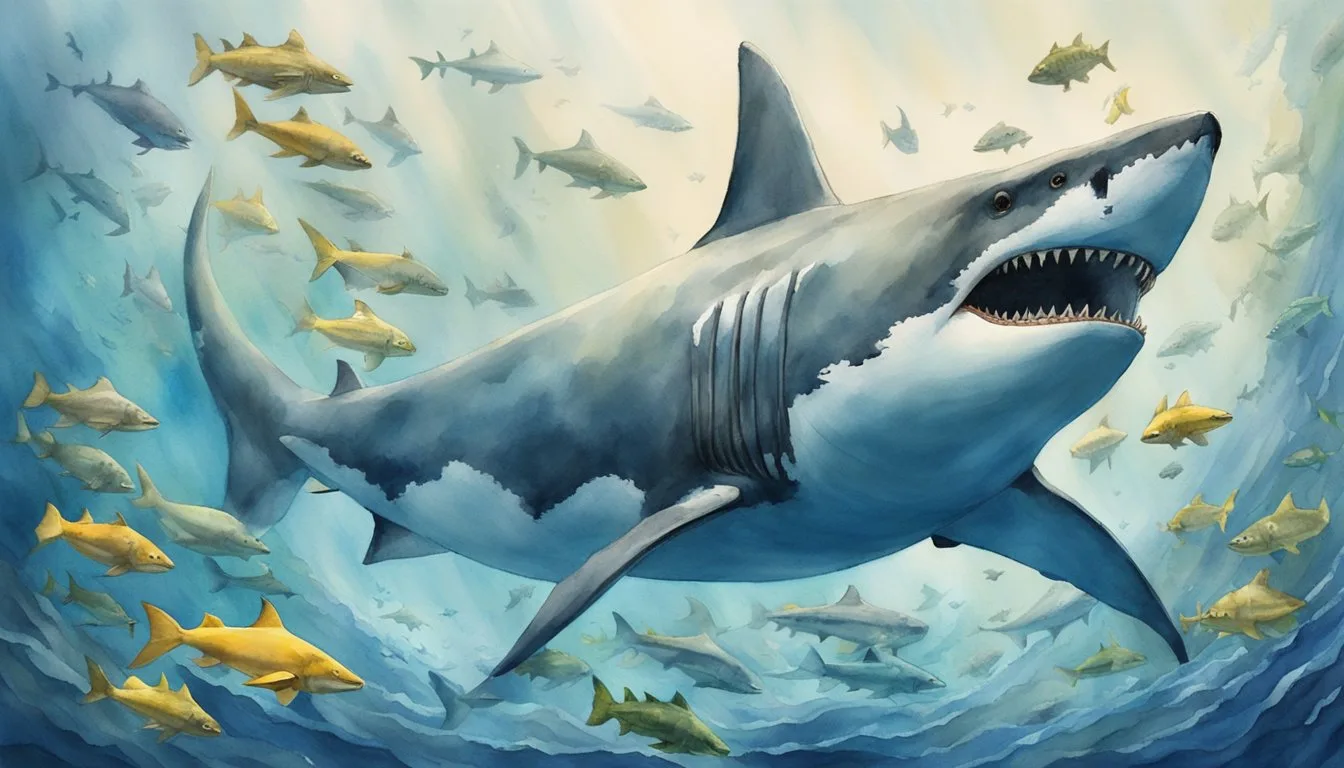 Large shark and school of fish underwater painting.