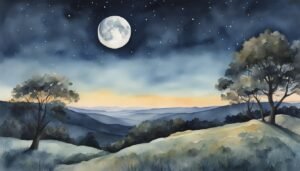 Moonlit night over serene watercolor mountain landscape.