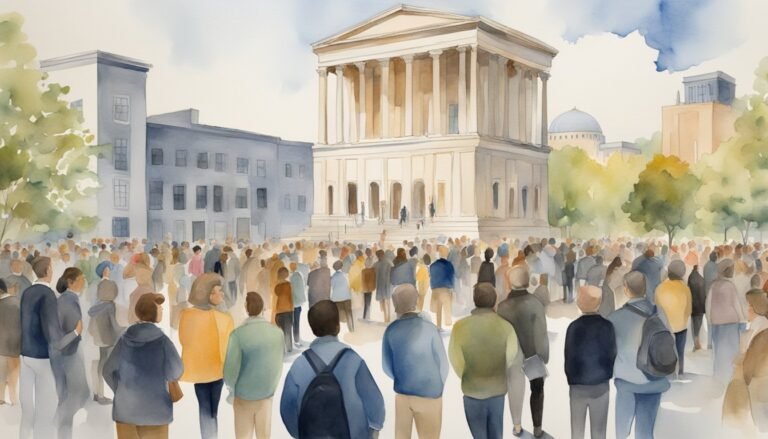 Crowd gathers at neoclassical building, watercolor illustration.