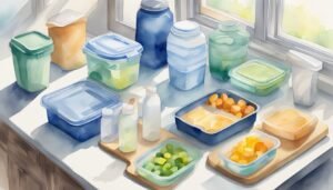 Food containers on sunny kitchen counter.