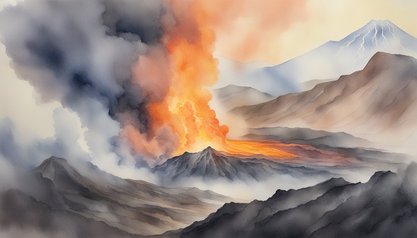 Watercolor painting of a volcanic eruption at dusk.