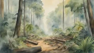 Misty watercolor forest with towering trees and undergrowth.