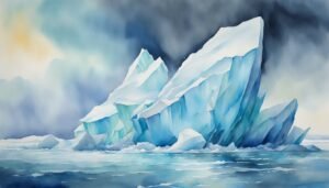 Watercolor painting of towering icebergs in calm sea