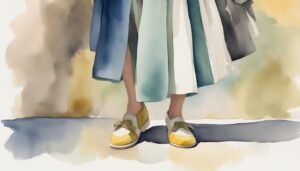 Watercolor painting of a person's feet and colorful coats.