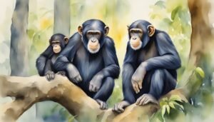 Three chimpanzees sitting on a tree in a forest.