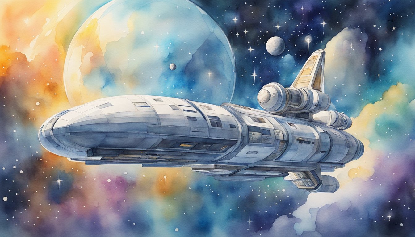 Watercolor spaceship flying in vibrant cosmic landscape.