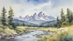 Watercolor mountain landscape with river and pine trees.