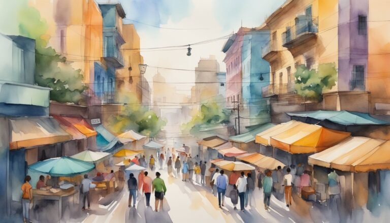 Colorful watercolor of bustling street market scene.