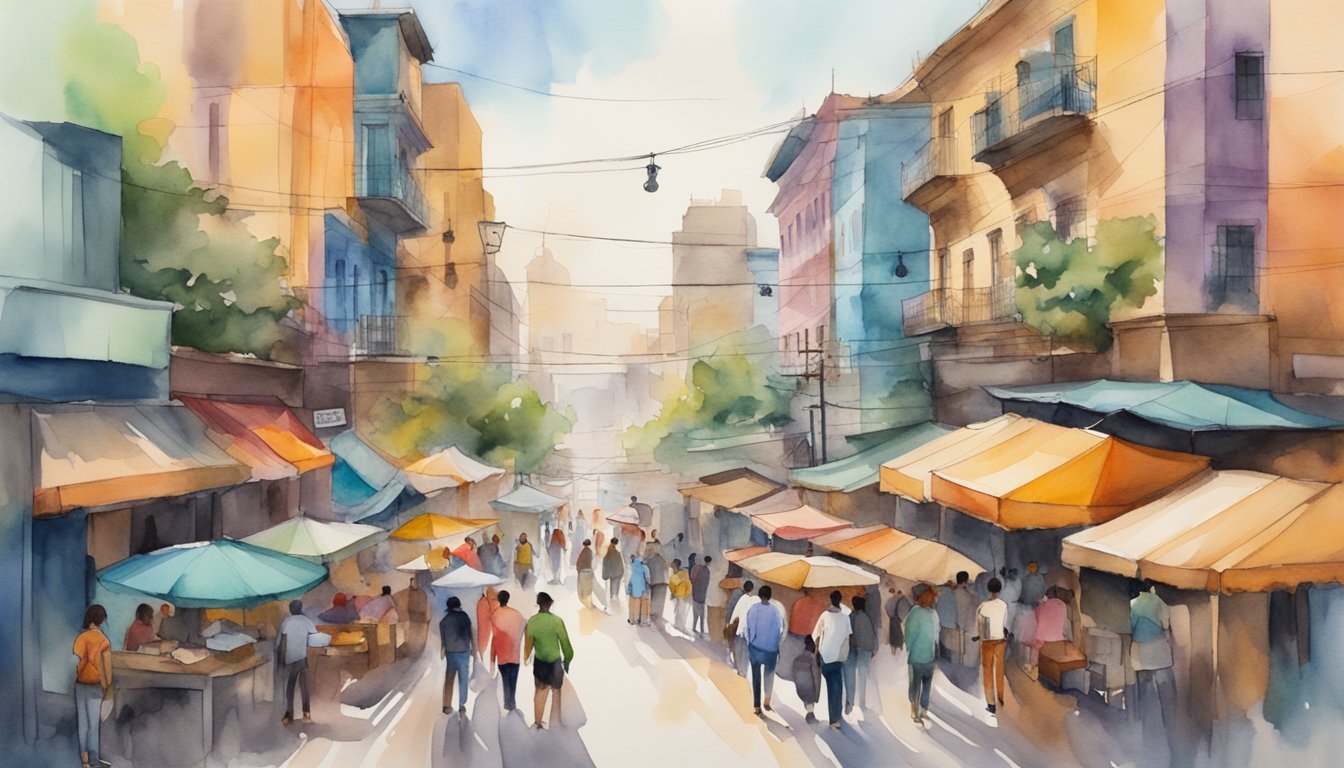 Colorful watercolor of bustling street market scene.