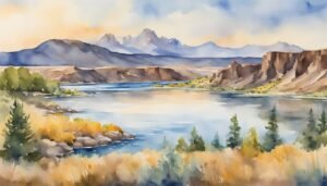 Watercolor landscape of serene lake and distant mountains.