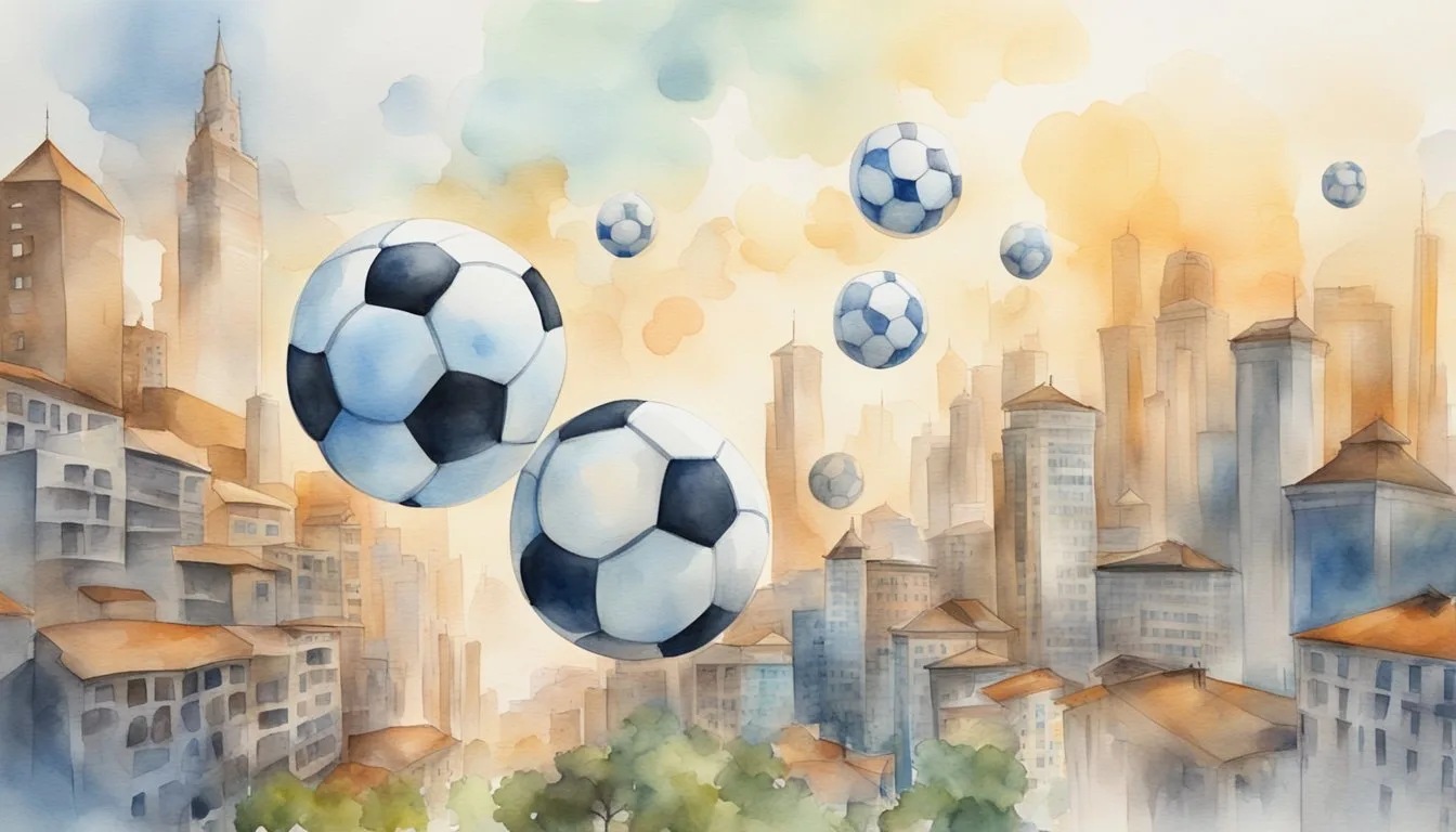 Soccer balls floating over watercolor cityscape.