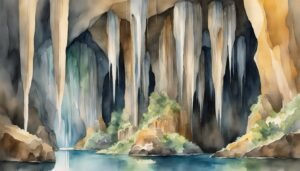 Watercolor painting of a serene cliffside waterfall.