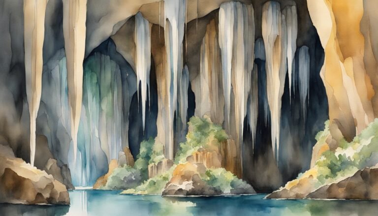 Watercolor painting of a serene cliffside waterfall.