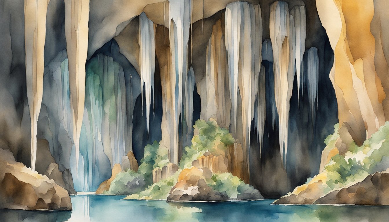 Watercolor painting of a serene cliffside waterfall.