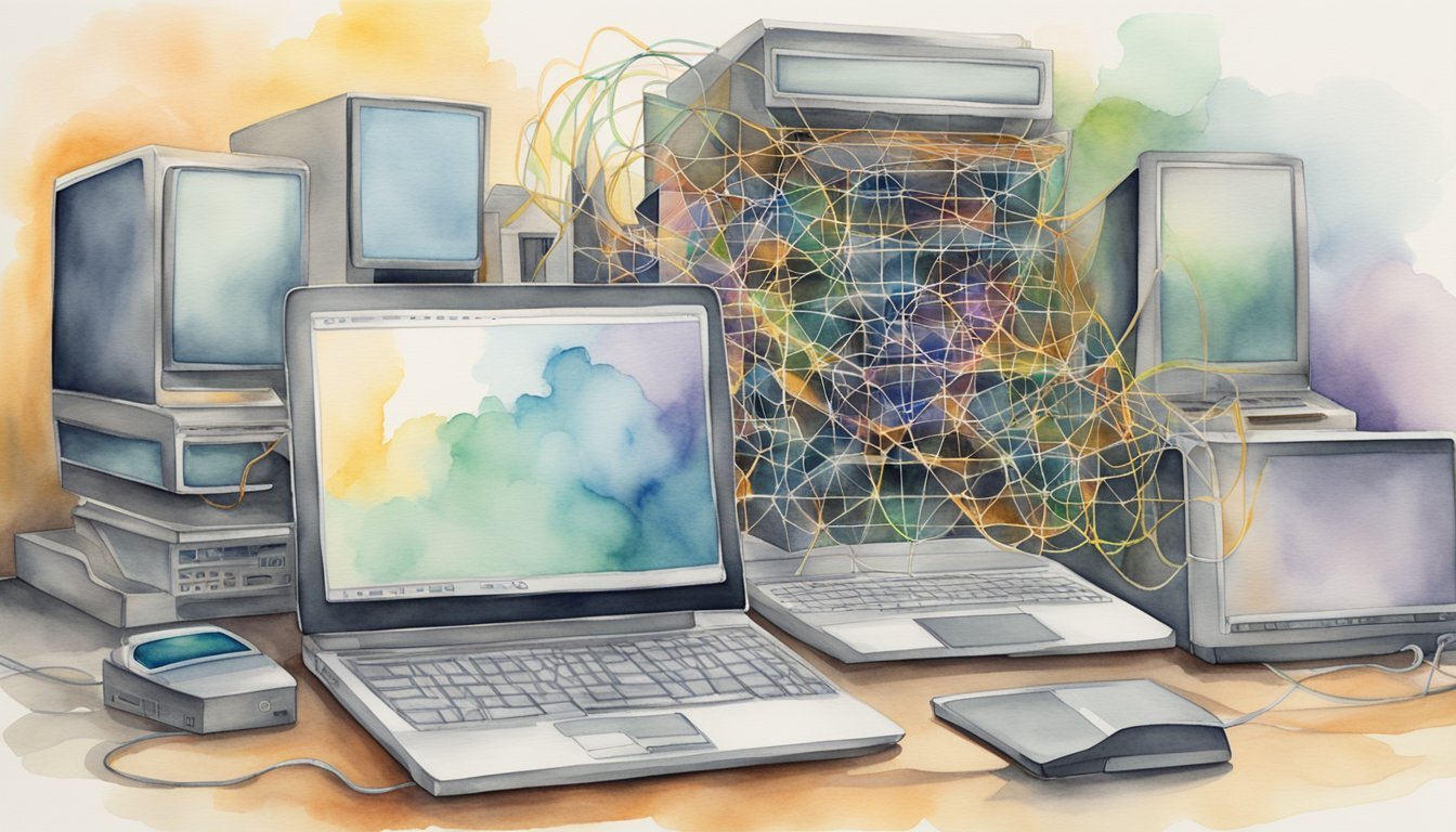 Watercolor illustration of vintage computers and tangled cables.