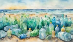 Watercolor of plastic bottles littering a beach.