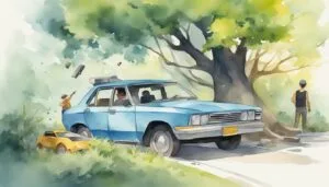 Watercolor of people, floating objects, car under tree.