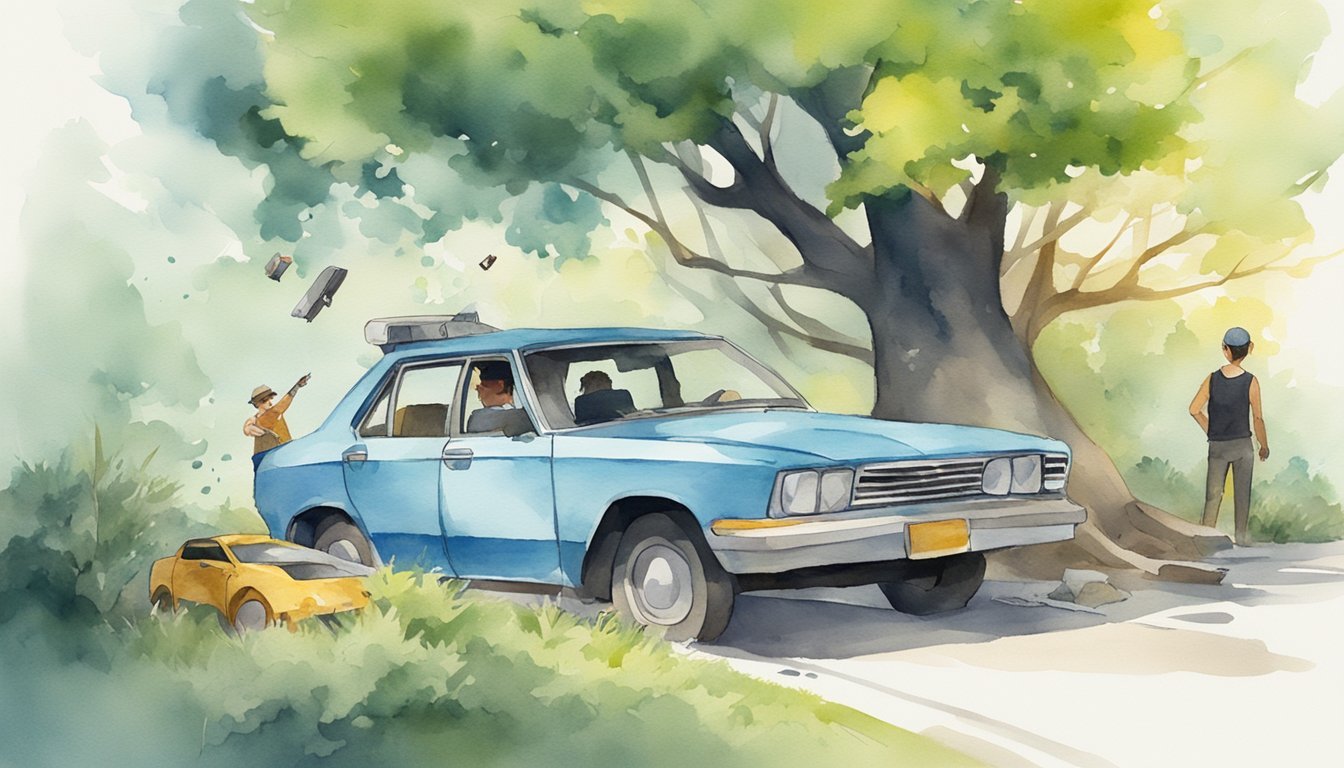 Watercolor of people, floating objects, car under tree.