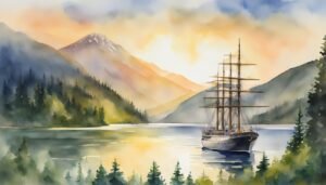 Watercolor of sailing ship in serene mountain lake scene.