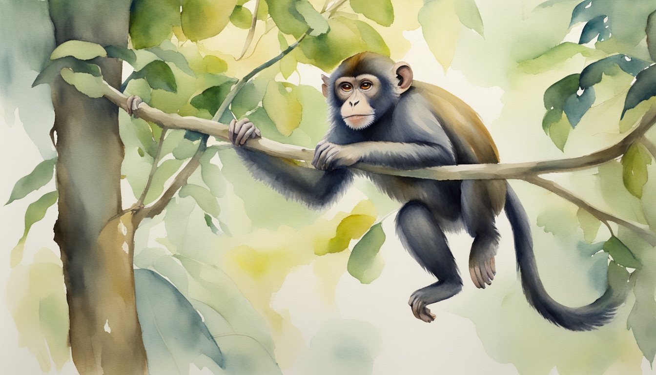 Watercolor painting of monkey holding tree branch.