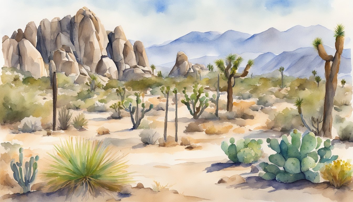 Desert landscape with cacti and rocky mountains, watercolor painting.