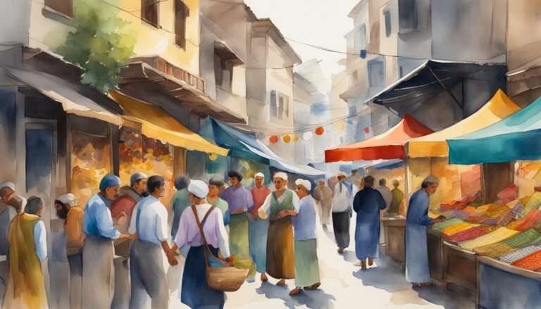 Vibrant watercolor of bustling traditional market scene.