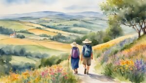 Two hikers enjoying scenic countryside walk, watercolor painting.