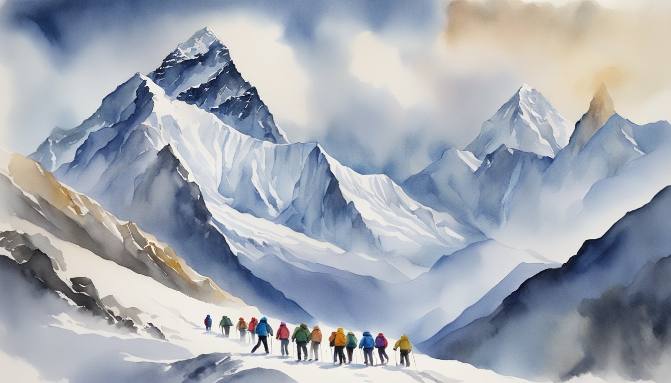 Group hiking snowy mountains in watercolor painting.