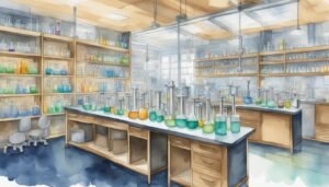 Watercolor illustration of a well-equipped laboratory with colorful chemicals.