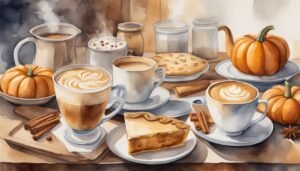 Assorted autumn-themed coffee and desserts watercolor illustration.