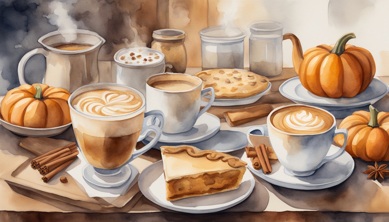 Assorted autumn-themed coffee and desserts watercolor illustration.