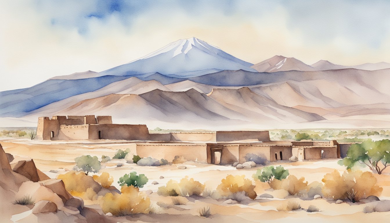 Watercolor painting of desert landscape with mountains and adobe buildings.