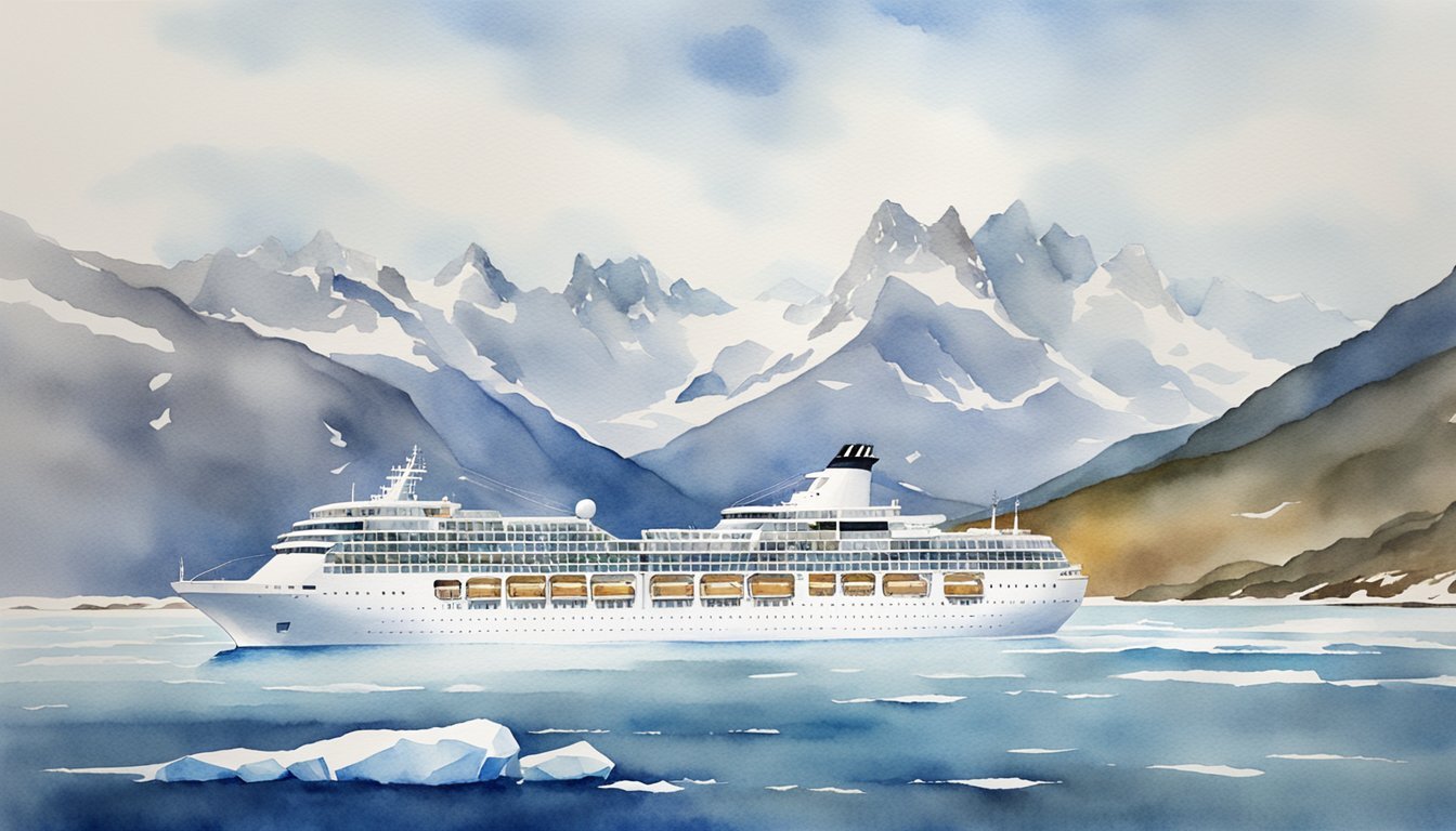 Watercolor of cruise ship in icy mountainous landscape.