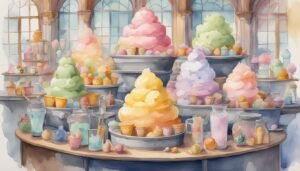 Colorful watercolor painting of a whimsical candy shop.